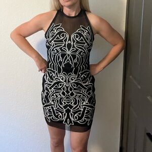 Parker embroidered mesh overlay dress